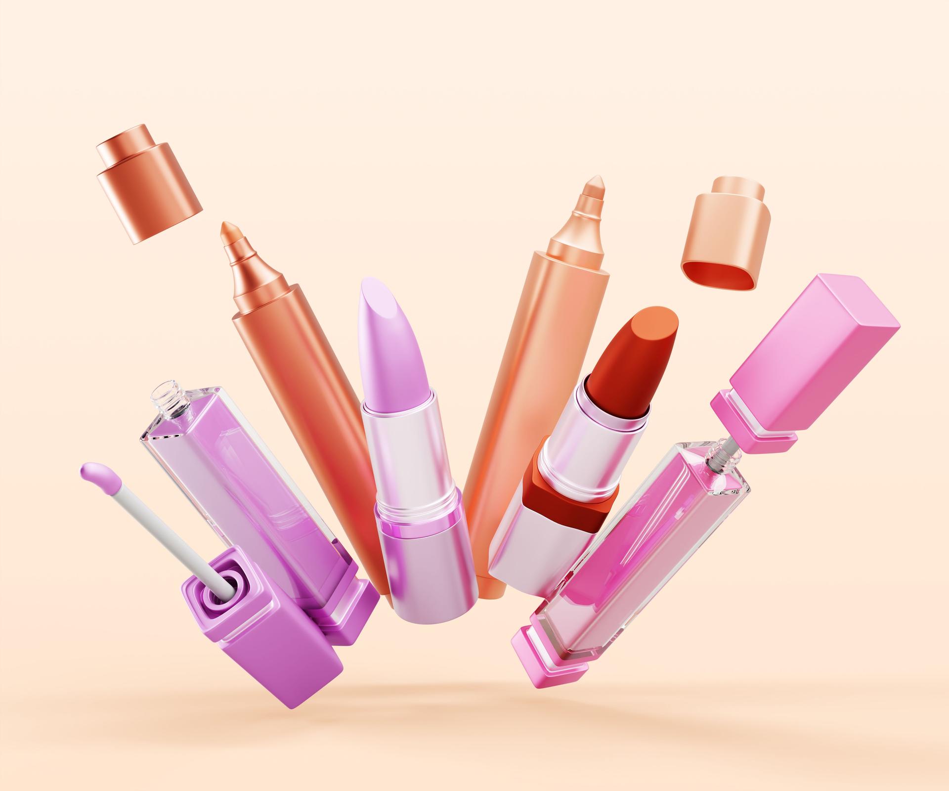 3d flying makeup products, beauty cosmetics explosion render mockup banner. Luxury promo poster with red lipstick, pink liquid lip gloss tube, nude lip stain tint on beige background