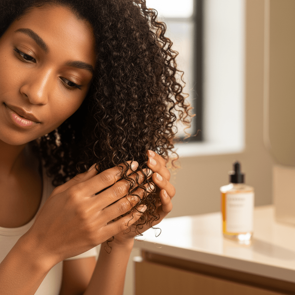 Woman with coily hair applying golden serum to curls, demonstrating product texture and shine benefits Woman with coily hair applying golden serum to curls, demonstrating product texture and shine benefits