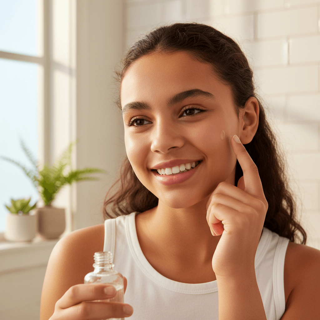 Teenage girl applying skincare serum to her face in natural window light with a confident expression Teenage girl applying skincare serum to her face in natural window light with a confident expression